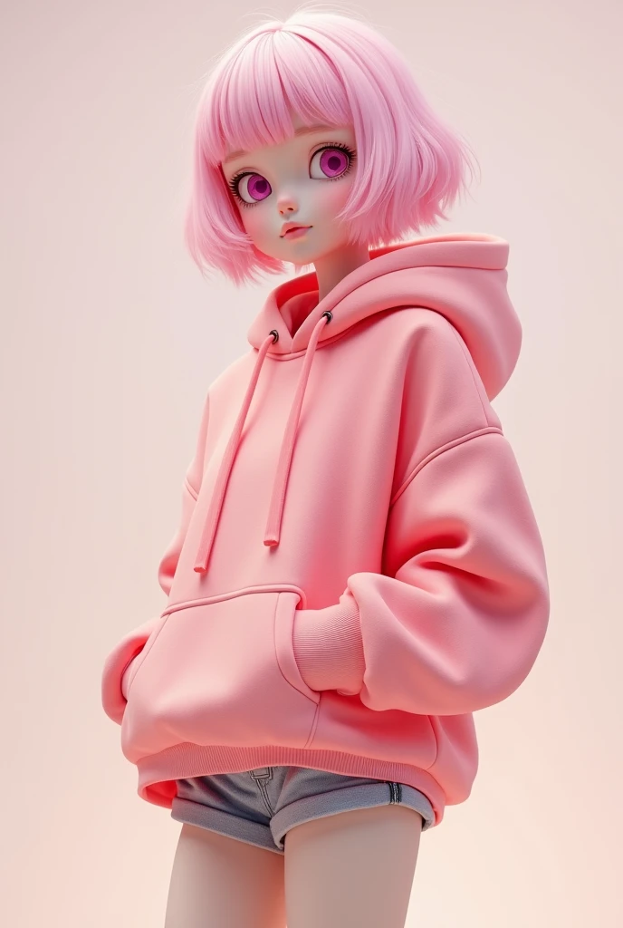 A femboy wearing pink thigh highs, a pastel red oversized hoodie and gray booty shorts with a really small amount of makeup, his hair even tho short he had styled it in a way which made it look girly with pink hair and eyes 