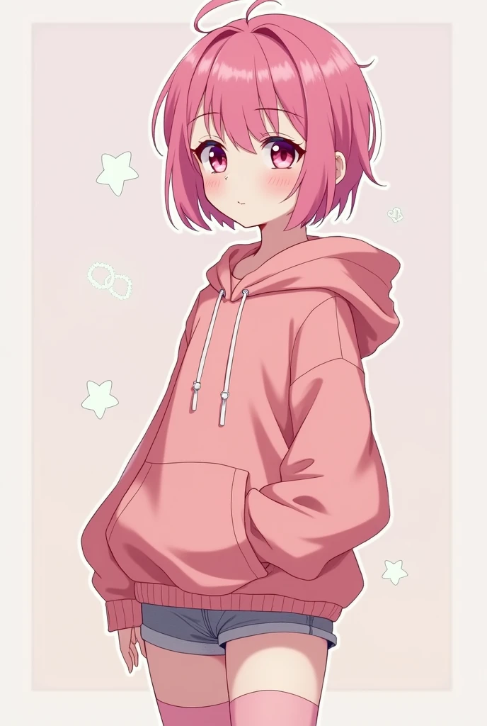 A femboy wearing pink thigh highs, a pastel red oversized hoodie and gray booty shorts with a really small amount of makeup, his hair even tho short he had styled it in a way which made it look girly with pink hair and eyes