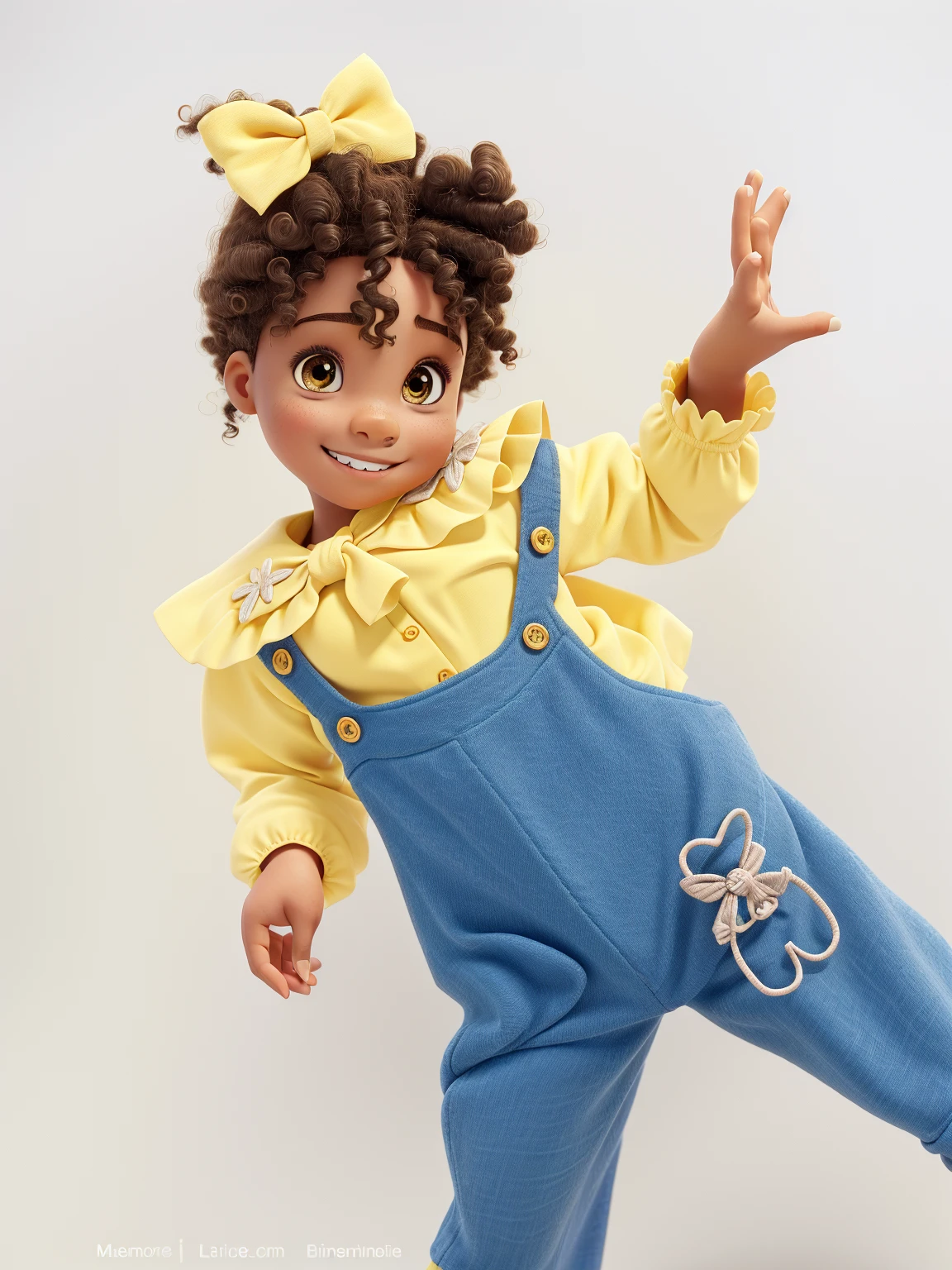 Create a baby  , mulatto , medium length curly hair , with hair parted in the middle with a yellow bow , dark brown eyes  , Brunetette , glare eyes , large cilia ,is standing , smiling yellow dress
