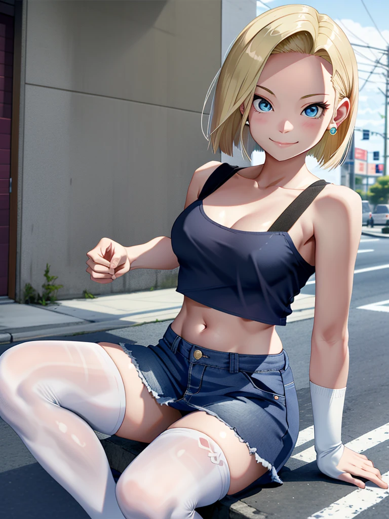 Armpit Show,highest quality, High resolution, And 18, One girl, Android 18, solo, Blonde, blue eyes, Short fine hair, 耳Nipple Ring, gem,White Bandeau,Denim mini skirt, Medium chest, Street Japan,smile,Expand the chest from the outside, (No shoulder strap:1.5), belly on,White knee socks