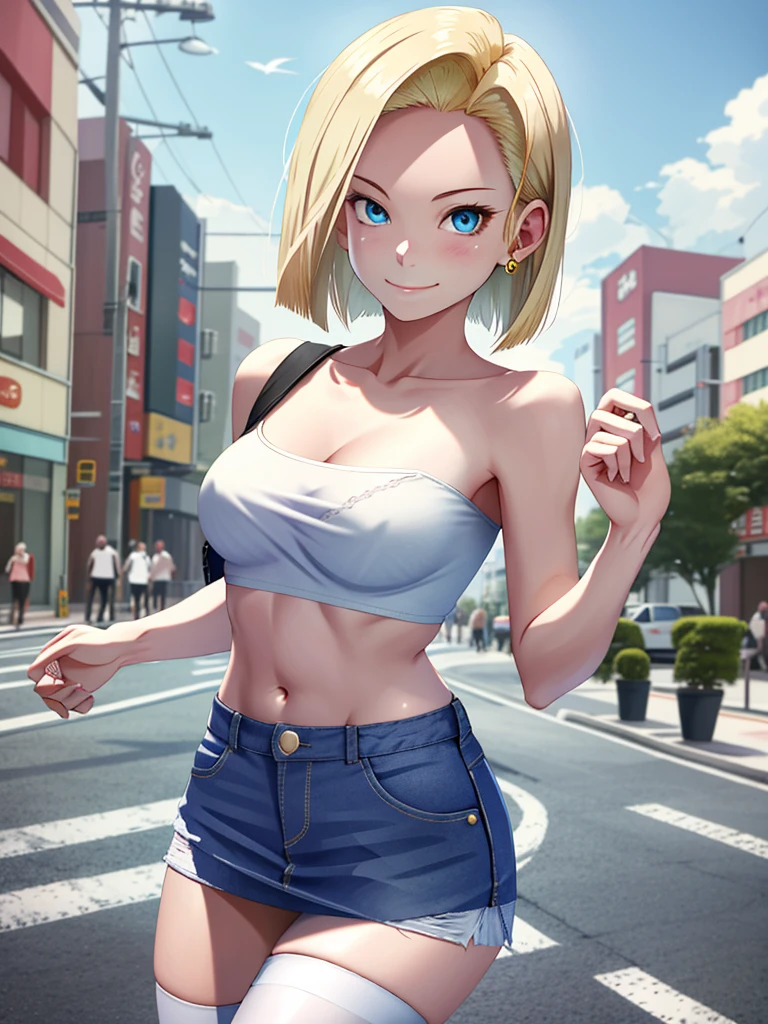 Armpit Show,highest quality, High resolution, And 18, One girl, Android 18, solo, Blonde, blue eyes, Short fine hair, 耳Nipple Ring, gem,White Bandeau,Denim mini skirt, Medium chest, Street Japan,smile,Expand the chest from the outside, (No shoulder strap:1.5), belly button,White knee socks