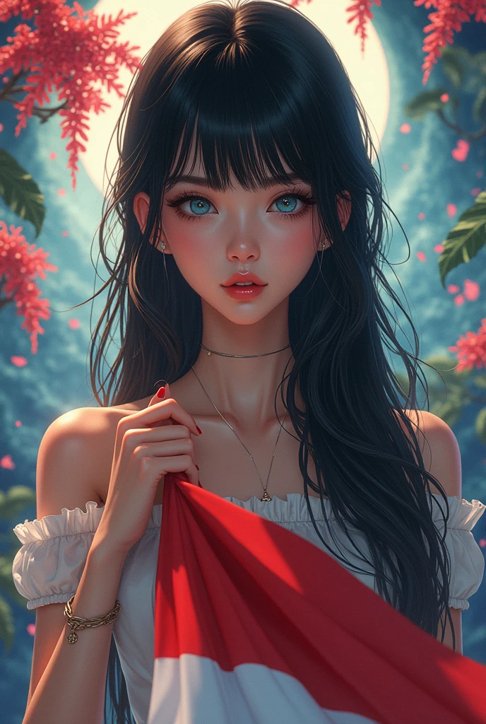 best quality, tmasterpiece, Ultra-high resolution, Clear face, (Reality: 1.4), perfect lighting,(photorealistic: 1.50), anime wallpaper, Guviz style artwork , fantasy cover up to magic , by Yang J, Guviz, beautiful artwork illustration, beautiful digital artwork, beautiful digital illustration, Li Song, beautiful anime portrait, art style at Beauvot,illustration, ethereal and beautiful, highly detailed, CG, unity, 8k wallpaper, Amazing, fine detail, masterpiece, best quality, official art, highly detailed CG unity 8k wallpaper,absurd, extremely absurd, large file size, highly detailed , high resolution, very detailed,beautiful girl with details, very detailed eyes and face, beautiful detailed eyes,light on the face,cinematic lighting, 1girl, (black hair:1.3), long hair, Bangs, Headphone, blue eyes, (Red T-shirt), (White pants), standing, full body, (looking at viwer:1.3), smile, Holding the Indonesian flag, Red and white flag,