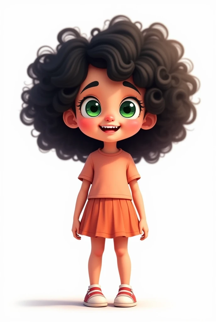 Cartoon girl with full body and legs and feet, black hair, crespo, green eyes with white background