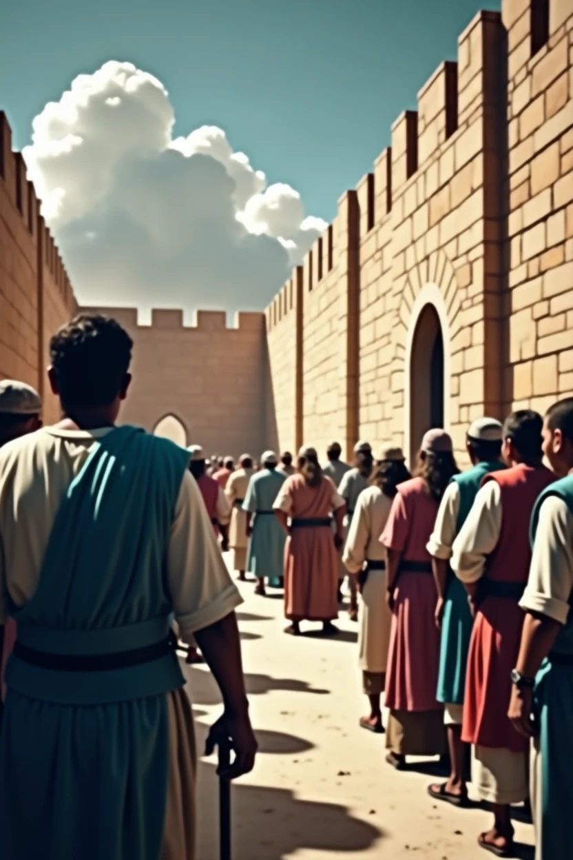 Biblical character Nehemiah rebuilding the walls with many people