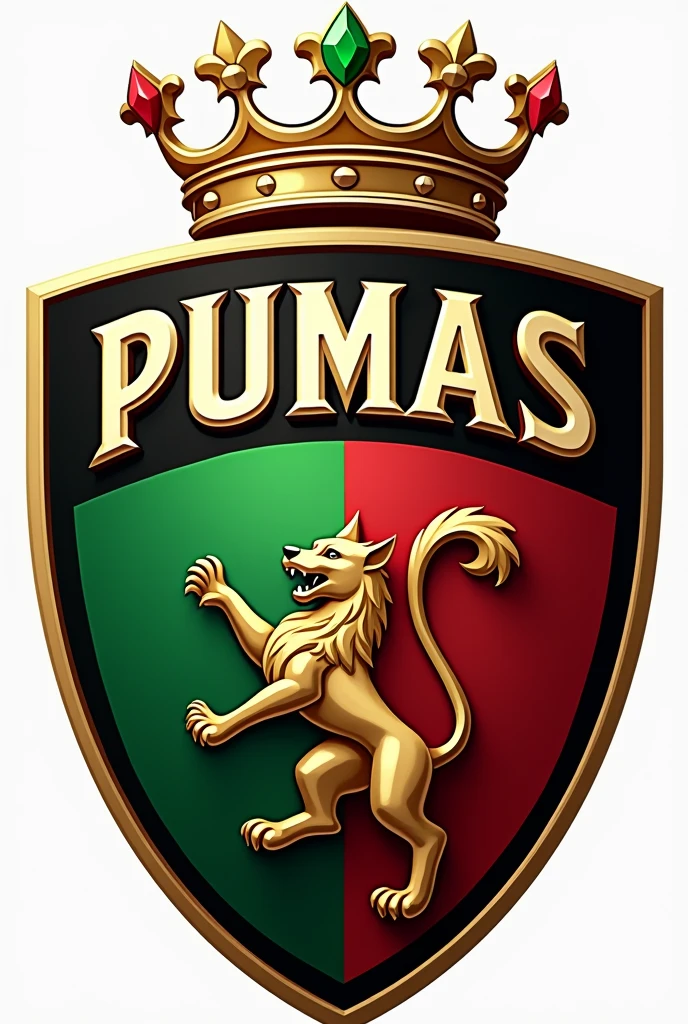 Make a soccer shield with the name of Pumas f.c integrates a green and red flag and a crown with an emerald and the realistic animal do not forget the name F.c