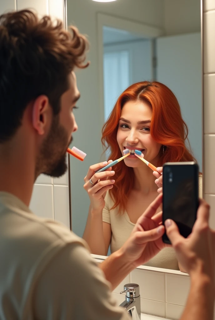 a couple, Red-haired woman and black-haired man brushing their teeth in front of the mirror, The man holds his black phone as if he were taking a picture in the mirror of the two of them