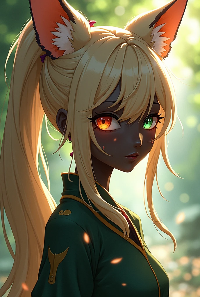 Girl with long fox ears, black skin with vitiligo, has one green eye and one orange eye and long sandy colored hair, tied only with a long ponytail, no estilo genshin impact 
