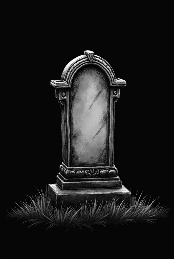 A Tim Burton style drawing of a tombstone on a plain black Tim Burton style background, darkness, negro