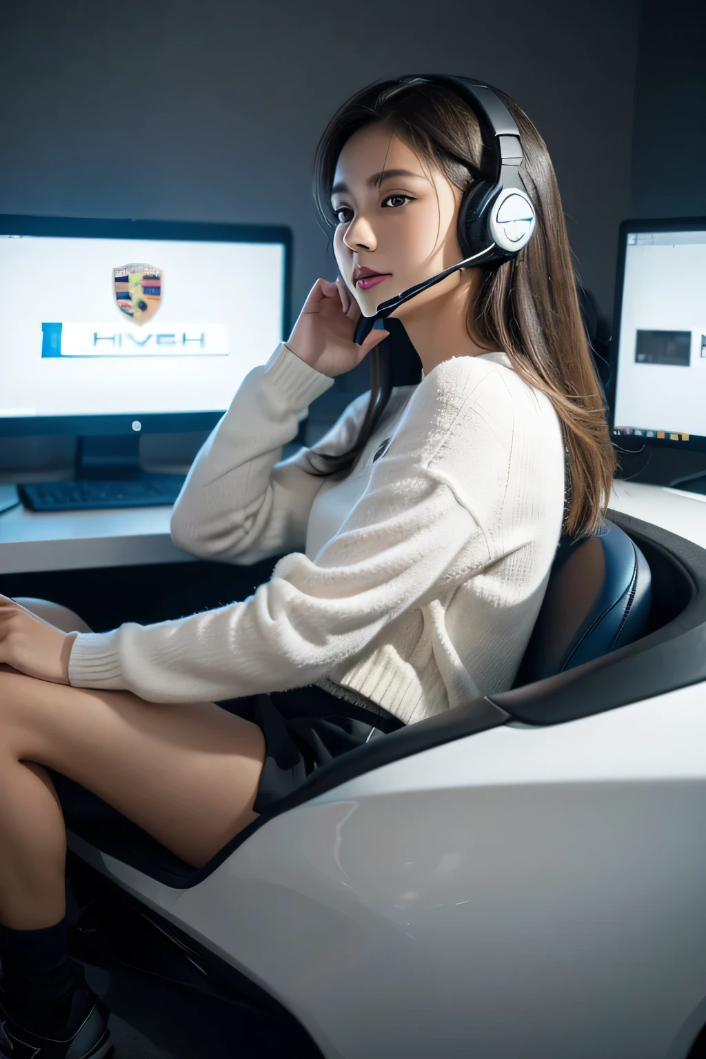 A girl wearing a headset design porsche sports car's sound at computer room