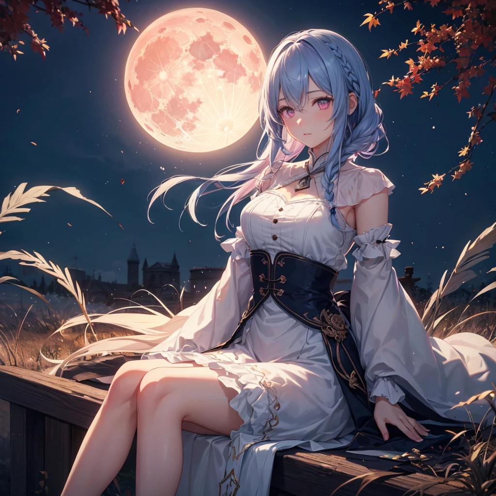 (Braiding),(Sky blue medium hair), (Pink eyes),(Fair skin) ,(whole body),(One Girl),(harvest moon),(A large amount of Miscanthus sinensis in the background),autumn,(full moon),(masterpiece, Highest quality, Very detailed, Best Shadow), (Detailed Background), (Beautifully detailed face), High Contrast, (Best lighting, Very delicate and beautiful), ((Cinematic Light)), Hyper Detail,8k, Dramatic Light, Intricate details,Maple