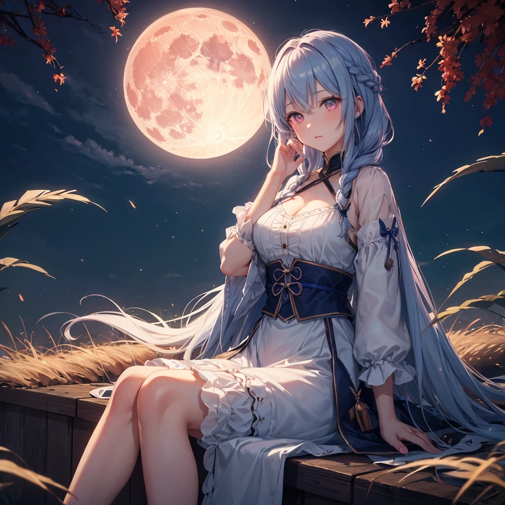 (Braiding),(Sky blue medium hair), (Pink eyes),(Fair skin)  ,(whole body),(One Girl),(harvest moon),(A large amount of Miscanthus sinensis in the background),autumn,(full moon),(masterpiece, Highest quality, Very detailed, Best Shadow), (Detailed Background), (Beautifully detailed face), High Contrast, (Best lighting, Very delicate and beautiful), ((Cinematic Light)), Hyper Detail,8k, Dramatic Light, Intricate details,Maple