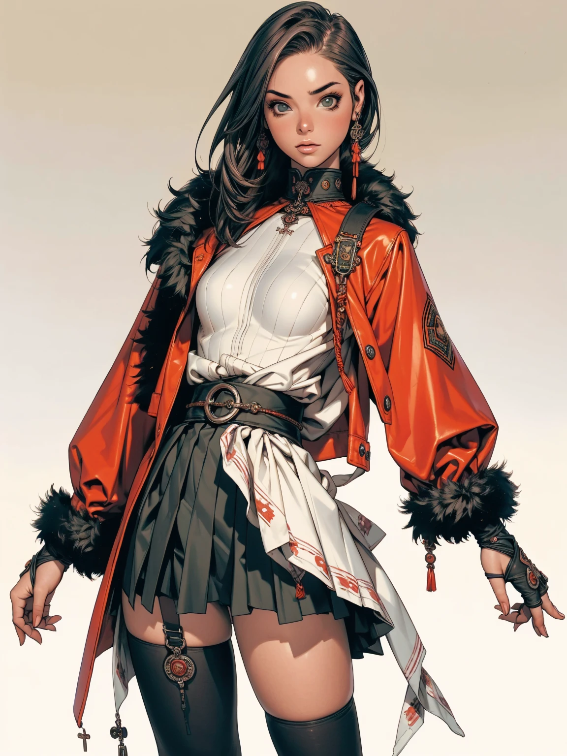 ((( girl))), (((best qualityer: 1.4))), (Unbeatable masterpiece), (hiper HD),(CG 8k hyper-realistic), (((breasts small))), (((hyper feminine))), sexly girl, black tattoo,(black short hair), ((( cos))), (((1 Kizi))), Kizi tatuada de 25 anos com cos perfeito,,Beautiful and well-groomed face,muscular cos:1.2,solid color detailed jacket, (Head to thigh photos), Complex equipment, green dark,Long pants,Tight clothes are dark,With white stars and off-white stripes,,,,,Armor Metal Electronic Parts, Poison tattoos ) INFO, Kizi, (((standing alone))), pirralha violent, (((14歳) sexly, pose de atitude, work of art, post-apocalypse, (((manga style))), bounty hunter, violent, Manic, the way you want, cos esguio, thin but strong, cos perfeito, roupa moderna, advanced technology, Pleated mini skirt with checkered pattern in red and black, fur collar jacket, sleeves with vertical striped pattern, neutral background, (( cowboy shot )). intricate visual