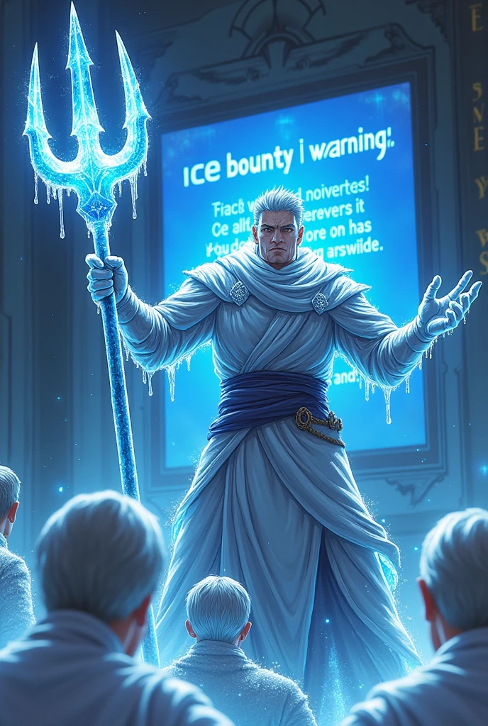 A guy with a blue ice trident with ice around it, with 3 people frozen except him, and a warning on the screen written: "40k bounty"((anime version)) ((realisitic))