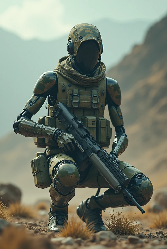 editorial photography,super detailed background,Super realistic,double exposure,depth of field,beauty super slender skinny vibes,soft focus flashy colors tone,narrative scene,acrylic paint,high-contrast multilayer structure Good_breathability luminous android with a Detailed camouflage body,military action,large heavy weapon,crouch down and raise gun,