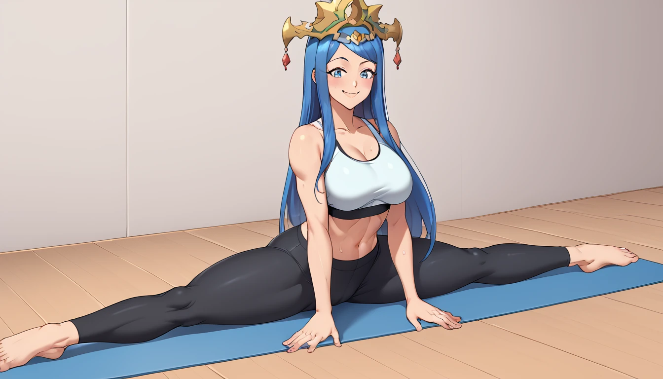 EPfeLumera, blue hair, blue eyes, bangs, long hair, crown, yoga pants, sports bra, mega breasts, An athletic body, 1girl, solo, Sitting, On the floor, Split Horizon, stretch, horizontal splits, stretch regs, hands on floor, smile, (Furrowed brow, red cheek)