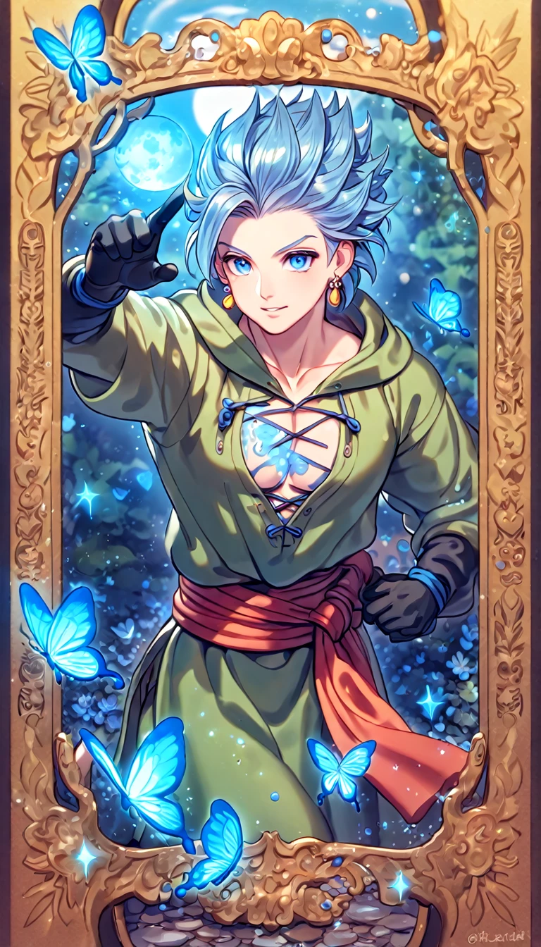 absurdres, highres, ultra detailed, HDR, master piece, best quality, extremely detailed, Erik, light-blue hair, hair slicked up, ruffled hair, expressive blue eyes, Dragon Quest XI, solo, sexy man, handsome, sensual, hooded dark green tunic with lacing that exposes his chest, a red sash tied around his waist, golden earring, black gloves, fantasy, magic, sparkling, water, blue moon, blue flowers, blue butterflies, blue petals, garden