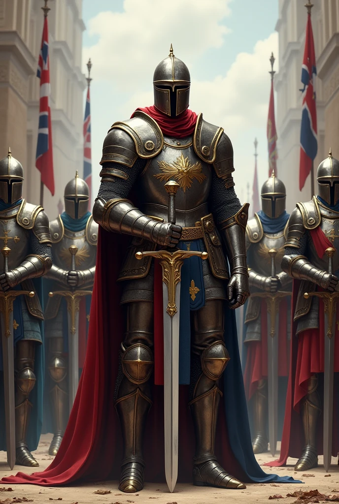 A png commander knight holding a sword standing in front of six knights three of them in one side three in other side