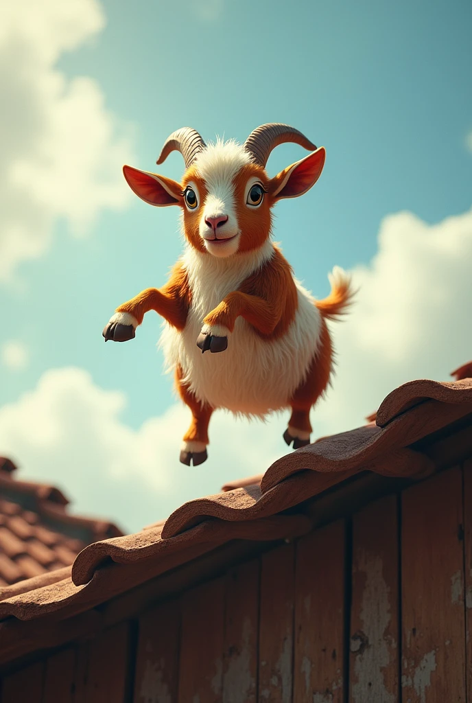 Brown and white goat, very crazy, jumping on the roof.