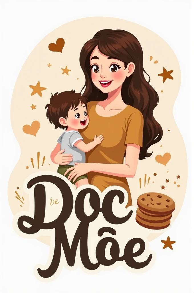 Create a logo for a bakery featuring a young mother with long black hair, Holding a baby boy on her lap, name of the bakery at the top DoceMãe with cookie theme