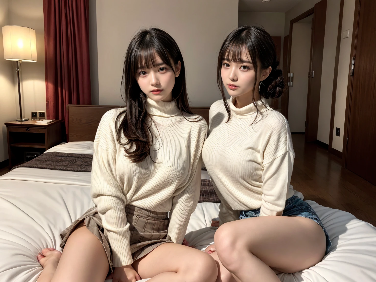 masterpiece, best quality, illustration, Super detailed, fine details, High resolution, 8K,wall paper, perfect dynamic composition,(Details High quality, realistic depiction of eyes:1.3), (2 girls), updo), white turtleneck sweater, pleated skirt, sitting, open legs, short bob hair, in a hotel room in the background, deep on field, large , black hair color, Big Natural Color Lip, (perfect body shape), crying a little、Harajuku style、20 year old girl、cute type、beautiful legs, Gravure Idol