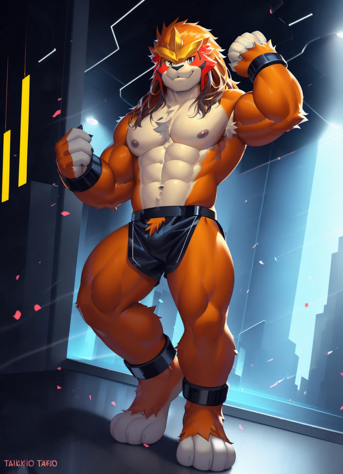 entei, full body,score_9, score_8_up, score_7_up, score_6_up, score_5_up, score_4_up,((entei(pokemon),male furry)),white eyes, (pose:1.3), (posing:1.3), (soft shading), 4k, hi res, five fingers, detailed hands, ((detailed face, (detailed eyes:1.3), detailed)), (((full body))),show legs,show feet,(by takahirosi:1.5), solo, looking at viewer, 1boy,middle aged, standing, male focus,((topless,bottomless)), abs, biceps, flexing, smile,