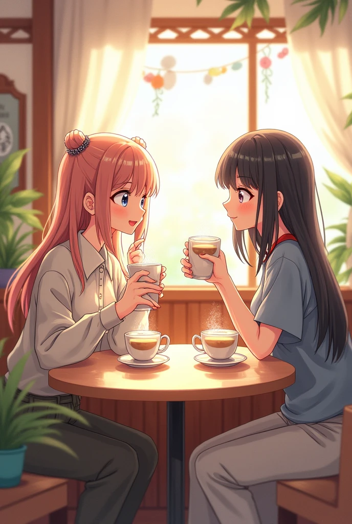 Generate a picture of anime coffee time girls