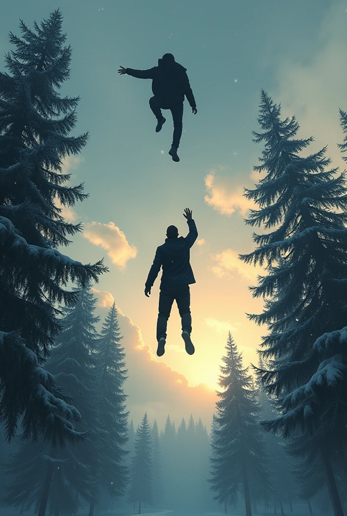 Book cover with a man falling from the sky, Below him there is a pine forest and above him there is a man who is trying to reach him from the sky.. There are many clouds with a slight sunset, It's snowing and you can see snowflakes in the distance, They are both dressed in black and the one who is falling is facing away