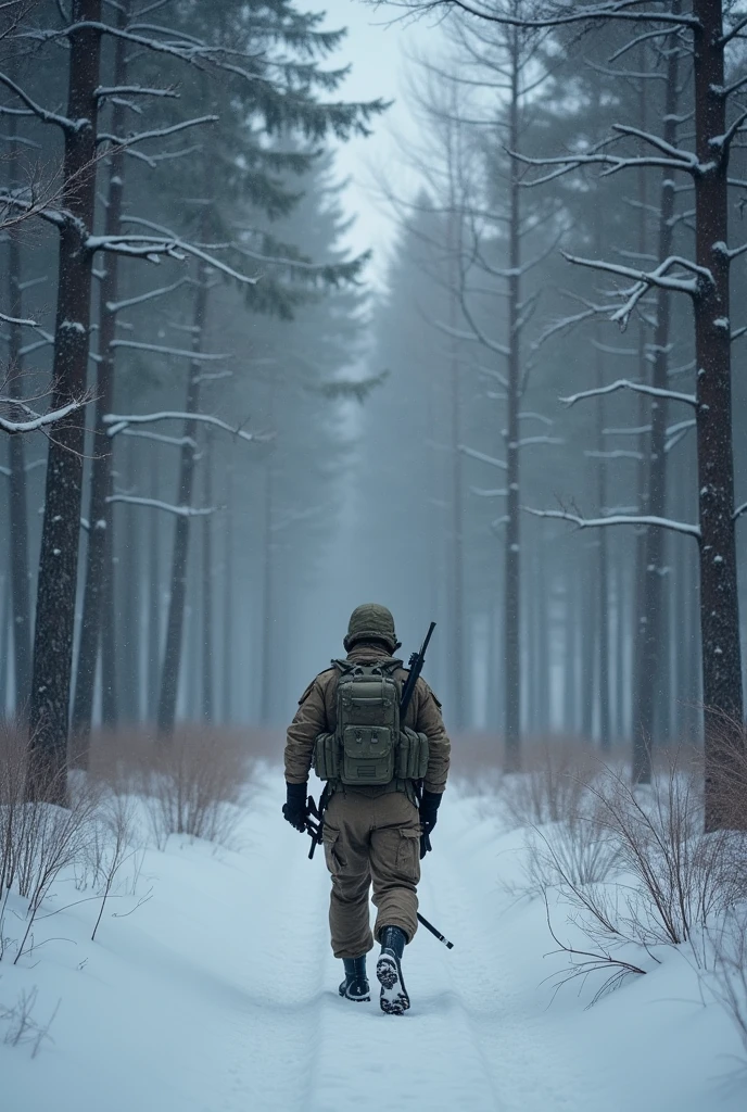 soldier in the forest does not snow alone