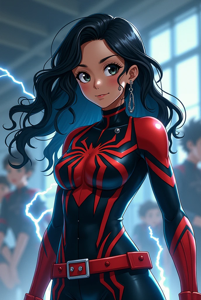 Screenshot Boku no hero academia. young woman. anime. whole body. brown skin, black wavy hair. black eyes. With earrings all over the ear.beautiful and attractive. Wear a pro-hero Spider suit. Training room background with Deku, Bakugou, Electricity and Kirishima.
