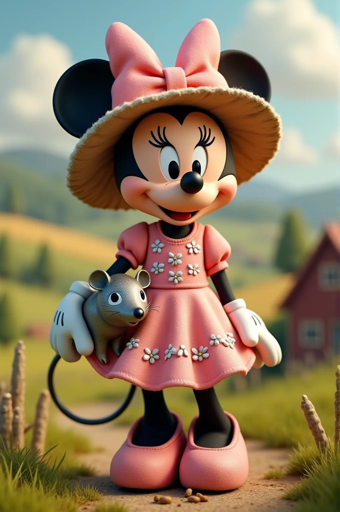 Minnie Mouse Farm Doll with Pink Dress with White Seeds, with farm hat, with metal rat in hand
