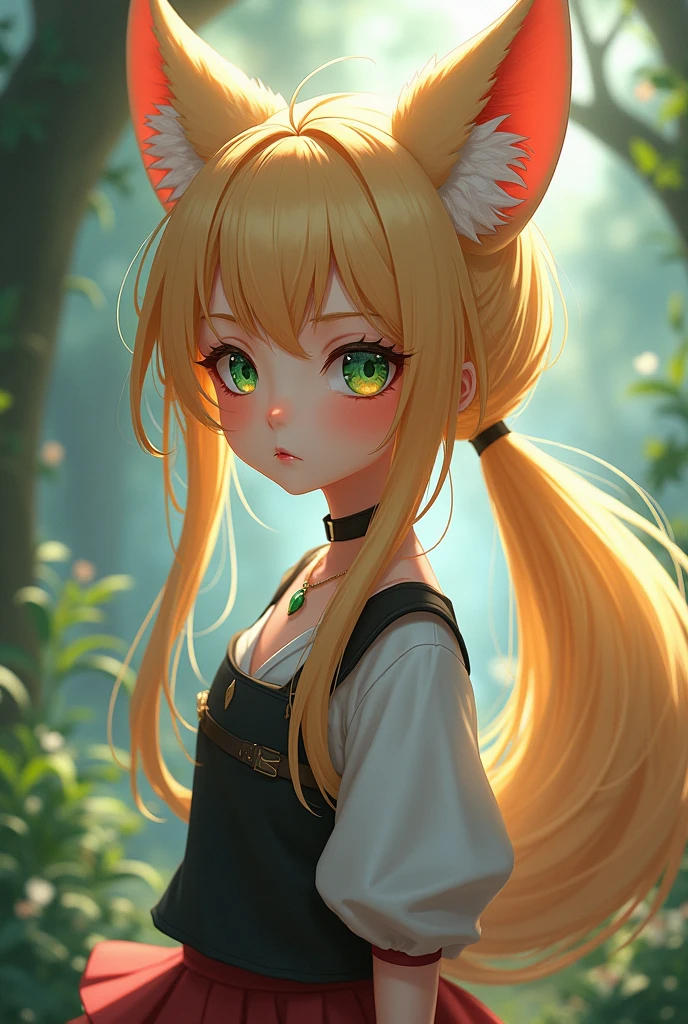 Girl with long fox ears, black skin with vitiligo, has one green eye and one orange eye and long sandy colored hair, tied only with a long ponytail, no estilo genshin impact