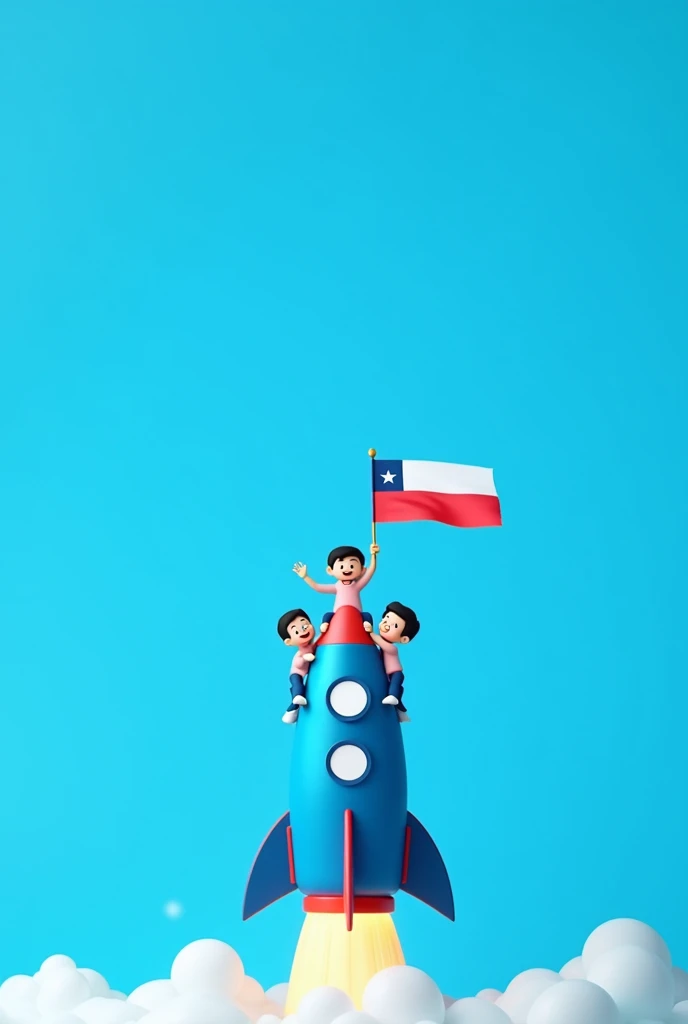 create a 2d image with a plain blue background referring to #38B0DE. place a blue rocket centered horizontally in the photo with 4 little figures sitting on top of the rocket,holding a Chilean flag