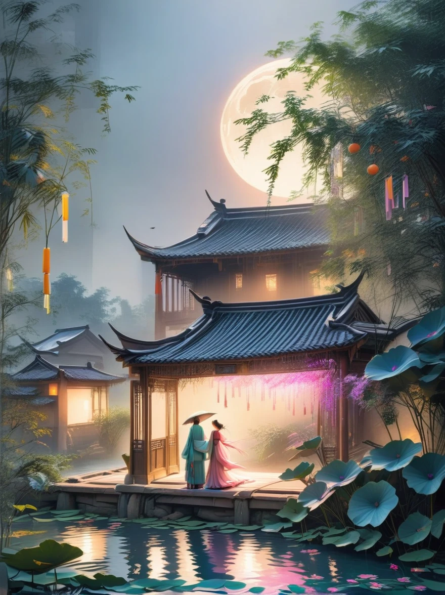ink style, masterpiece, Fantasy Garden，Aesthetic healing，moon，Star，Beautiful and poetic，A man and a woman in Hanfu stand on a magpie bridge made of soft pink clouds。These clouds are fluffy and soft，As if just plucked from the sky，Each flower has a delicate texture and slight elasticity.。The edge of the magpie bridge is still hung with strings of glittering pearl-like dewdrops.，About to drip。The starry sky around，Star并非是常见的尖锐亮点，But each one is round and full、A ball of light woven from soft threads of light，Exudes a soft and warm glow，Like freshly baked marshmallows。The clothes worn by the Cowherd and the Weaver Girl are made of silk that is as light as mist.，When the wind blows，The folds of silk flow naturally like water ripples，The edges of the clothing are inlaid with fluffy white down.，Adds a bit of warmth and romance。Their hair is not a rigid line.，But a strand of silky soft、Slightly curly filaments，As if I could feel the gentle breeze，Studio Lighting，3D, Realistic lighting，Beautiful light，Edge Glow，Volumetric Light，Rim Light，Bioluminescence，Perfect composition，Masterpiece，8k，Top of poster, (((Contains text "Love each other, Romantic Tanabata" Very large))), bold, And elegant letters, use, Serif font. Text should have a glow effect or a slight shadow, Make sure it stands out，At the same time, it blends seamlessly with the background, Reflect the seriousness and solemnity of the information, (Ghibli style colors, ultra high definition, masterpiece, precise, anatomically correct, textured skin, Super details, 8k)