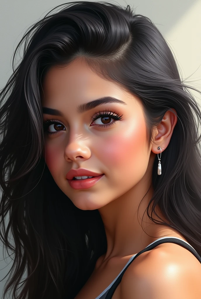 A beautifully contrasted portrait captures the evolution of Selena Gomez over the years: on the left, a vibrant black haired 25-year-old with lush black hair, and on the right, a striking older gray haired 50-year-old with gray hair. This digital artwork showcases the side profiles of both ages in a close-up layout, highlighting the differences and similarities between youth and maturity. The attention to detail is impeccable, from the fine lines on her face to the subtle changes in her expression. The overall effect is both poignant and visually stunning, making this piece a true work of art.