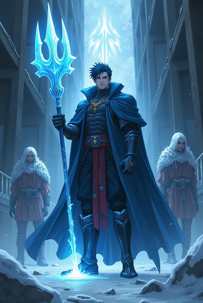 A guy with a blue ice trident with ice around it, with 3 people frozen except him, and a warning on the screen written: "40k bounty"((anime version)) ((realisitic))