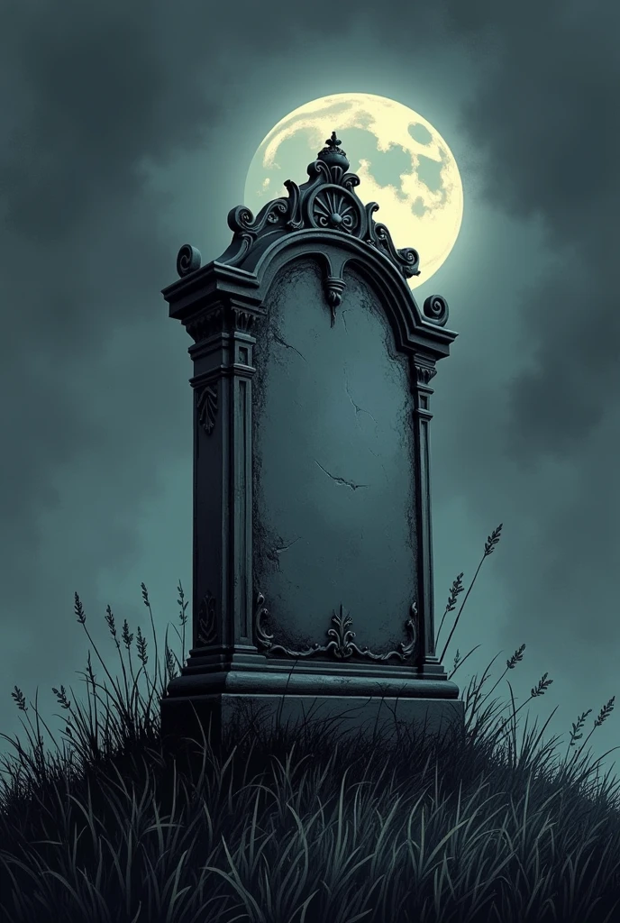 A Tim Burton style drawing of a tombstone on a plain Tim Burton style background, darkness, negro