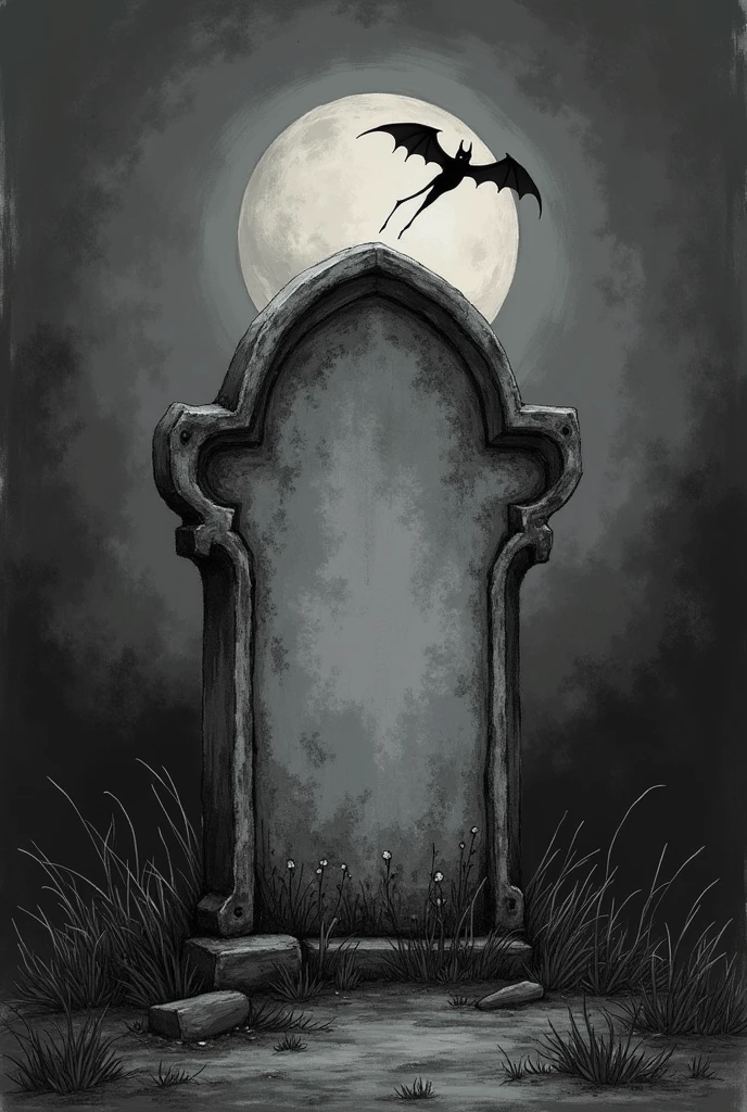 A Tim Burton style drawing of a tombstone on a plain Tim Burton style background, darkness, negro