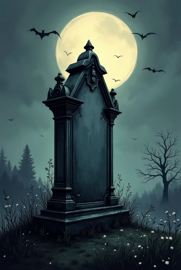 A Tim Burton style drawing of a tombstone on a plain Tim Burton style background, darkness, negro