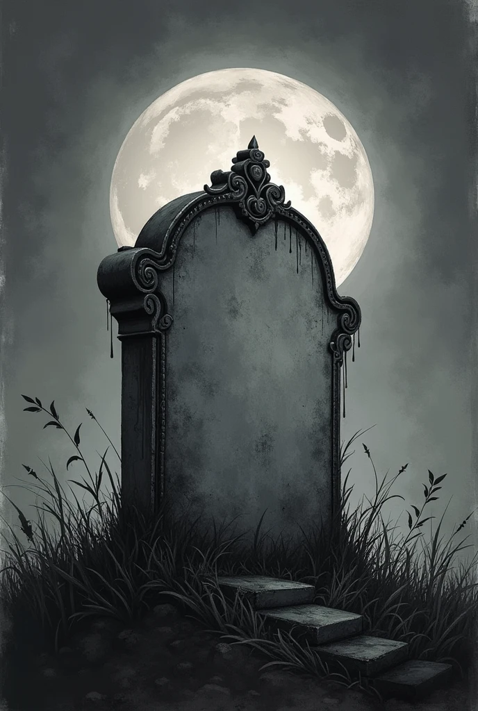 A Tim Burton style drawing of a tombstone on a plain Tim Burton style background, darkness, negro