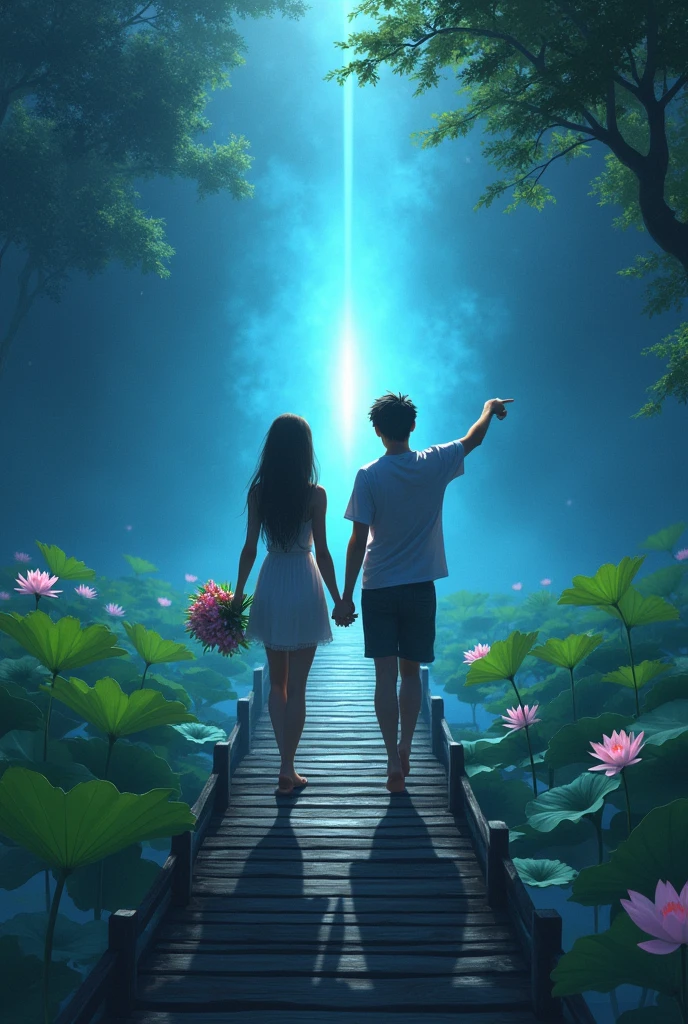 Two perfect young people walk forward on a wooden bridge across a beautiful lake with lotus blossoms, one friend holds a bunch of lotus flowers in one hand and points the other towards a light, the other friend points to a bright blue light in the distance, a scene of light in the distance, realistic picture, attractive pic