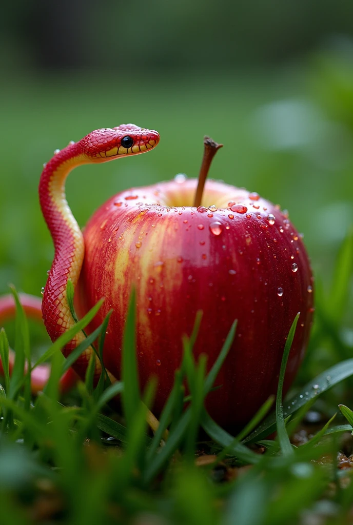 apple with water drops on wet grass with a coral snake about to attack