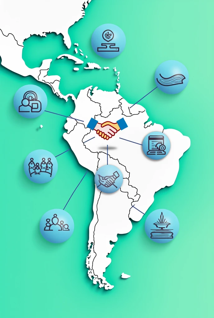 Map of Guatemala in the center, connected by lines to other countries, thus showing international relations.
Interlocking hands or handshake over the connections between countries to symbolize friendship and cooperation.
Symbols of economic development (For example, coins or an ascending chart), social development (families or communities), and cultural development (books or art) around the countries, illustrating common goals.
Flags or cultural icons representative of Guatemala Blue and green tones in the background to convey a sense of progress and harmony.
