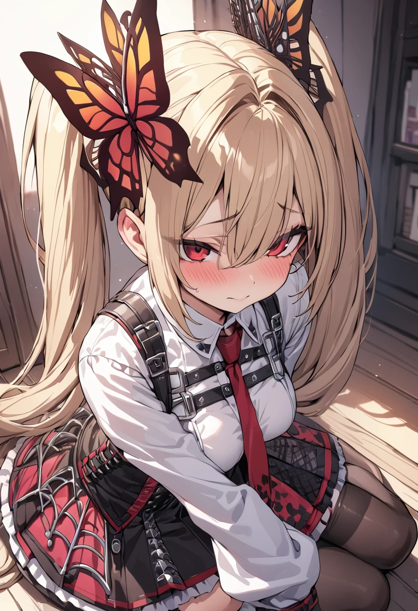 (masterpiece, extremely detailed, best quality, ultra-detailed, illustration1.2), girl. shy, faint smile, blonde hair, short hair, (two very long ponytails), (two very long ponytails), red eyes, hair between eyes, bangs, butterfly ornament on left forehead, medium breasts, white shirt, punkish, punkish skirt, knee socks, red necktie, looking at viewer, cute pose