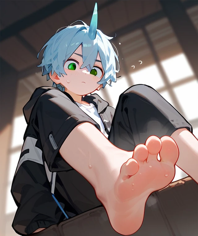 in the room,A cute boy showing his stinky feet low angle,barefoot, Curious expression,Sweating on the soles of the feet, Foot Focus,White T-shirt, Wearing a white and black hooded jacket, There are bangs between the eyes,short hair,Light blue hair, Black pants, Anatomically correct, There is a single blue horn in the middle of the head, black eyes, Looking at the audience,Confuse,Sitting on another man's belly,Sit on the stomach,Another man's hands were tied