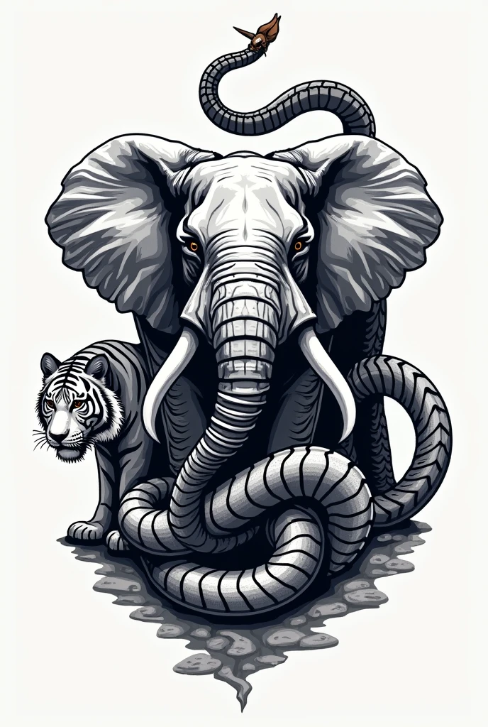 Logo, with an elephant a snake and a tiger 
