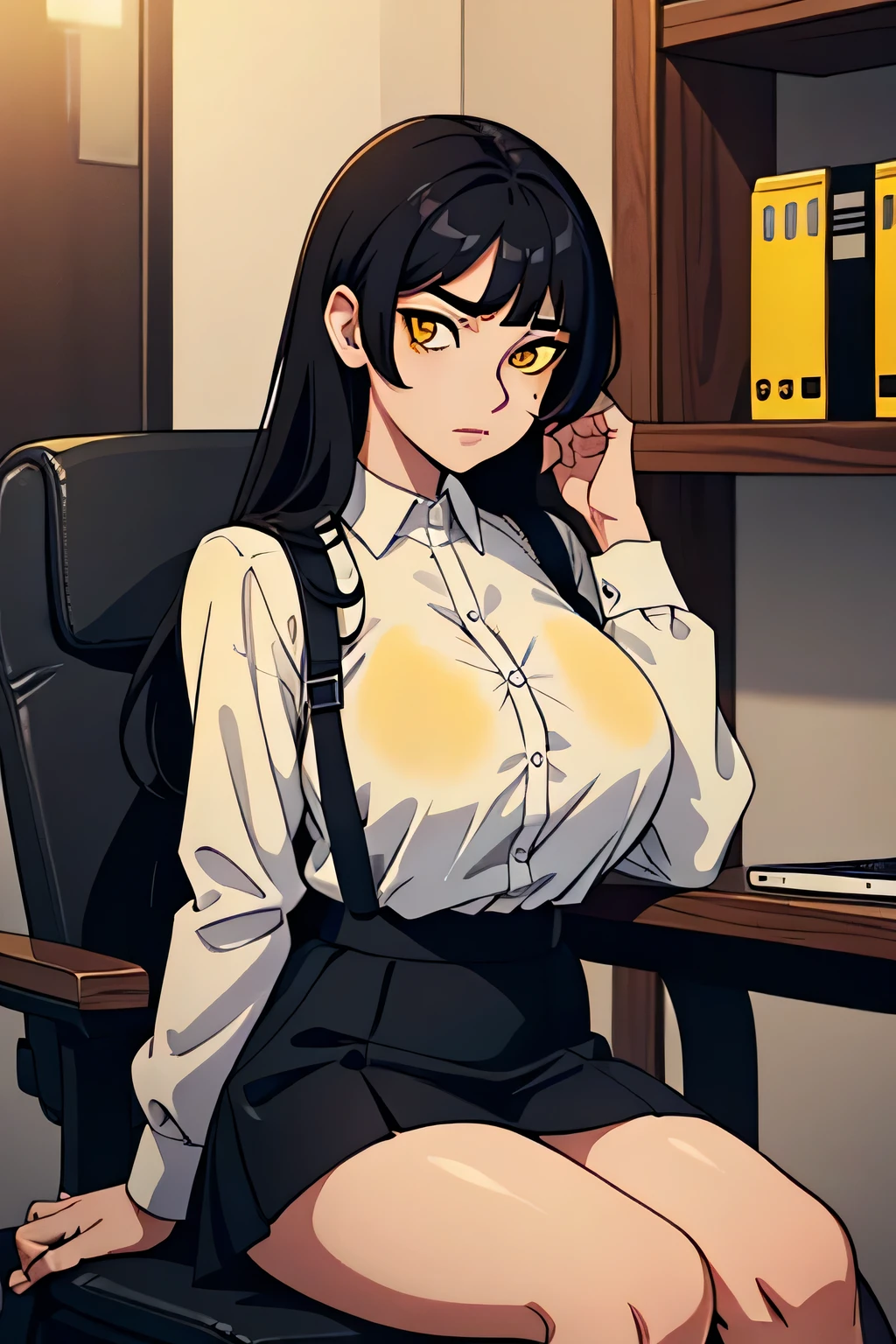 a one woman , white shirt, black miniskirt ,blackstockings. (((big straight black hair))), ((( sitting on the chair ))), (((yellow eyes))), facial expression speaking,
