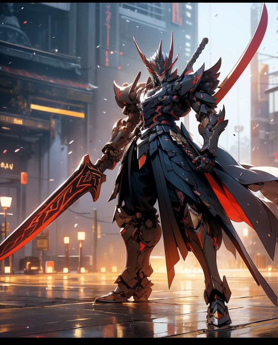 super wide shot, Full body frontal photo,Mecha male warrior，The heroic demeanor of the Three Kingdoms,《Mech color: Red and dark series》，（《Romance of the Three Kingdoms》，《Lu Bu》，Holding Fang Tian's halberd in his hand，），（Full body mecha）, Keqing from Genshin Impact, (Masterpiece) ， The best quality， High quality，Gold armor，Movie Lighting， （Exquisite future）， Beautiful and beautiful， Ultra detailed， great composition， Floating， Depth of field， （Very detailed CG，Unity 8k Wallpaper）， （Beautiful detail background）， dramatic lights， GOGETTA， Mecha，best qualtiy，Ultra-high 8K Ultra HD，digital SLR camera，high qulity，Film grain resolution