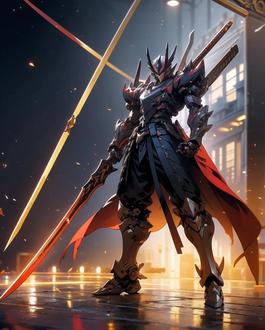super wide shot, Full body frontal photo,Mecha male warrior,The heroic demeanor of the Three Kingdoms,《Mech color: Red and dark series》,(《Romance of the Three Kingdoms》,《Lu Bu》,Holding Fang Tian's halberd in his hand,),(Full body mecha), Keqing from Genshin Impact, (Masterpiece) , The best quality, High quality,Gold armor,Movie Lighting, (Exquisite future), Beautiful and beautiful, Ultra detailed, great composition, Floating, Depth of field, (Very detailed CG,Unity 8k Wallpaper), (Beautiful detail background), dramatic lights, GOGETTA, Mecha,best qualtiy,Ultra-high 8K Ultra HD,digital SLR camera,high qulity,Film grain resolution