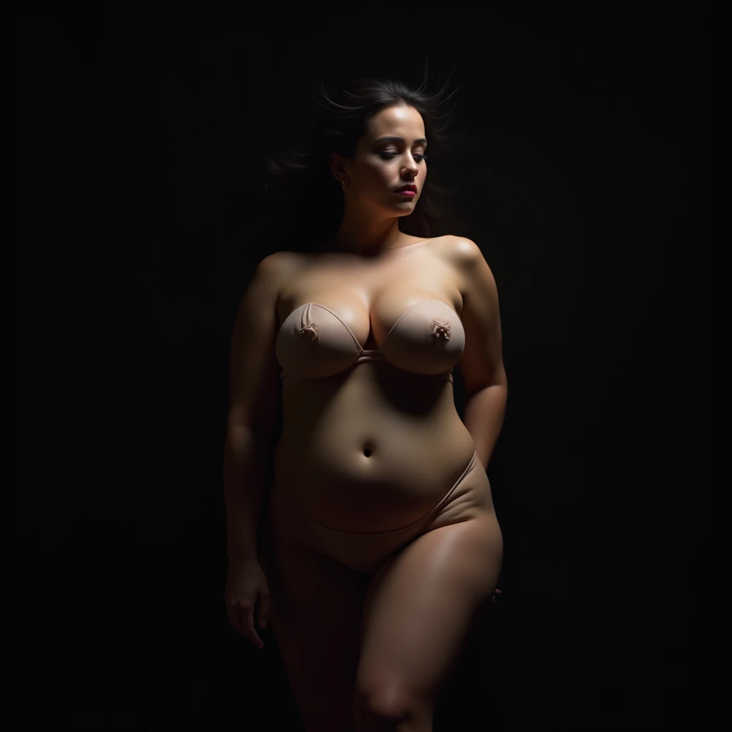 A chubby and muscular woman in her late 30s, embodying an air of elegant defiance. She stands in a stark monochrome setting, her form casting a dramatic shadow that contrasts sharply with the white backdrop. Inspired by the iconic style of Helmut Newton, the woman is captured in a pose that is both powerful and vulnerable. Her hair is styled in a sleek, geometric fashion that frames her sharp features, which are accentuated by the high-contrast lighting that highlights her strong jawline and piercing gaze. Her nudity is presented as an artistic statement rather than an object of desire, with her body contorted in a way that emphasizes the lines and curves that speak to the experience and confidence of maturity. The woman's arms are slightly bent, one hand resting on her hip while the other reaches out to the side, as if to assert her presence in the space. Her posture is a testament to the strength and poise that comes with age. The scene is reminiscent of a high-fashion editorial, with a minimalist approach to props and setting that draws the viewer's focus solely to the subject. Her skin is a soft, natural tone that blends seamlessly with the shadows, while the light reflects off her bare shoulders and the side of her torso, creating a stunning interplay of light and dark. The composition is deliberate and clean, leaving no room for distraction from the raw beauty and confidence that radiates from her. The photograph captures a moment of unapologetic self-expression, challenging societal norms and inviting the audience to reconsider the narratives that surround female nudity in art. The woman's eyes lock with the camera, as if daring the viewer to look away from the raw emotion and unfiltered honesty she presents. This monochrome masterpiece is a celebration of the female form in its most authentic state, a nod to the timeless beauty that transcends the confines of youth and societal expectations.