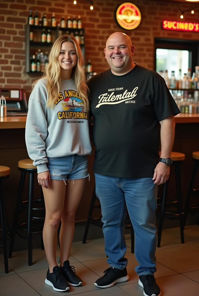 Tall blonde girl with a Los Angeles California sweatshirt and black tennis shoes paired with a round-headed white man with a Columbia shirt in the background, a bar with Pain Balla machines that says Felipe's bar